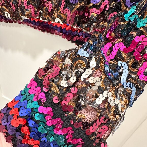 Vintage 80's Rainbow Sequins Sheer Disco Retro Shirt - Picture 5 of 12